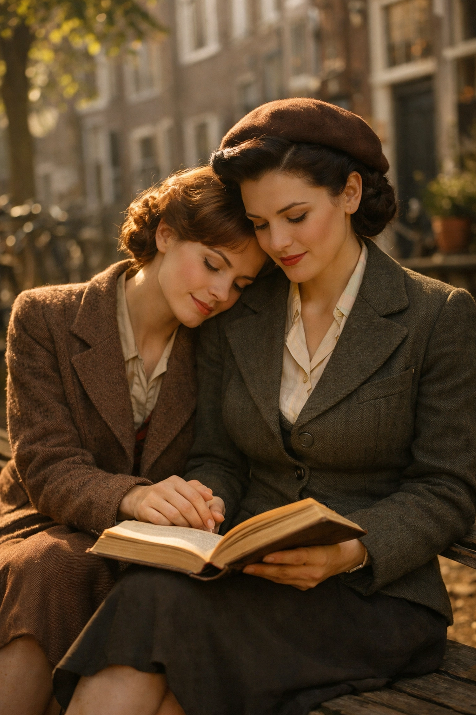 Two women in 1940s attire reading a book in an Amsterdam courtyard, symbolizing historical queer literature.
