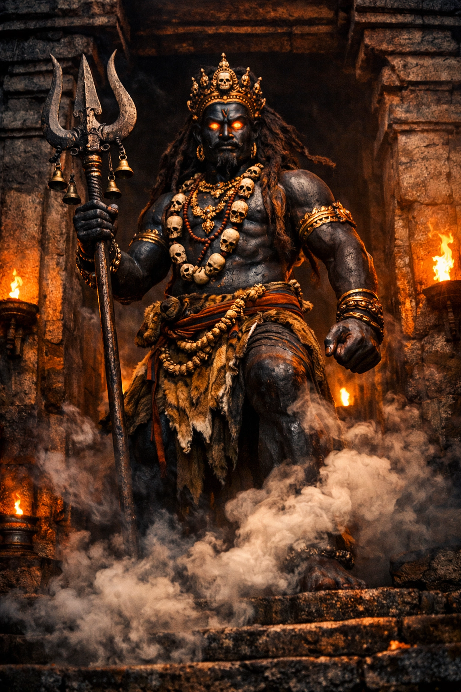 Fierce statue of Vatuka Bhairava, the guardian deity at the Kodungallur temple entrance.