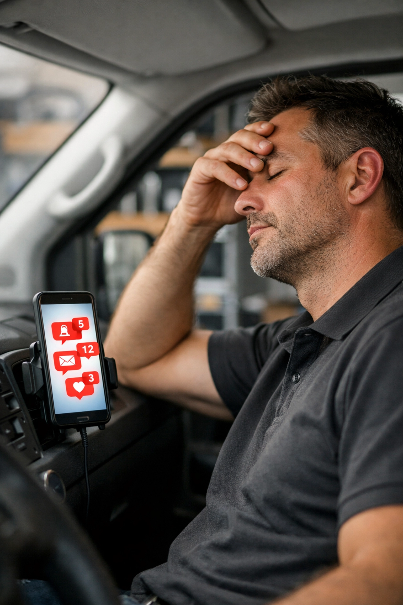 A tired HVAC contractor in a service van overwhelmed by missed customer call notifications.
