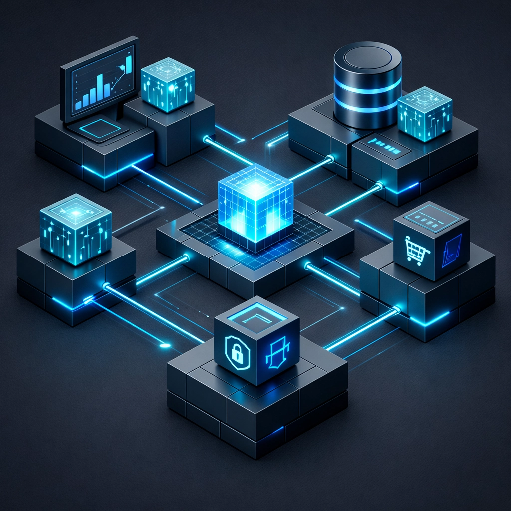 Can AI Integration Services Really Help You Scale Faster? Find Out Here 3 Interconnected business systems showing seamless AI integration without disruption