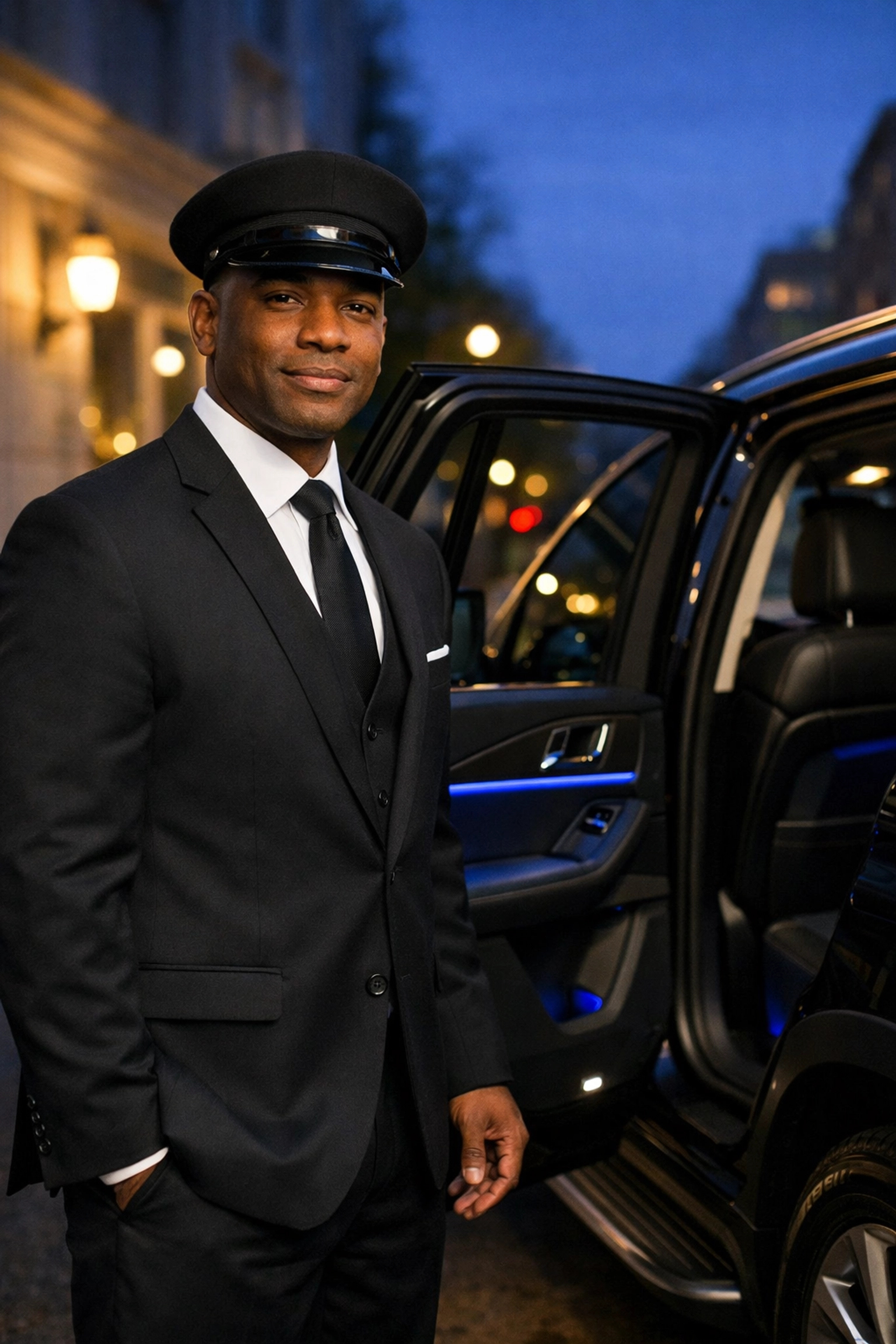 Professional chauffeur in a suit opening a luxury SUV door for a guest arrival.