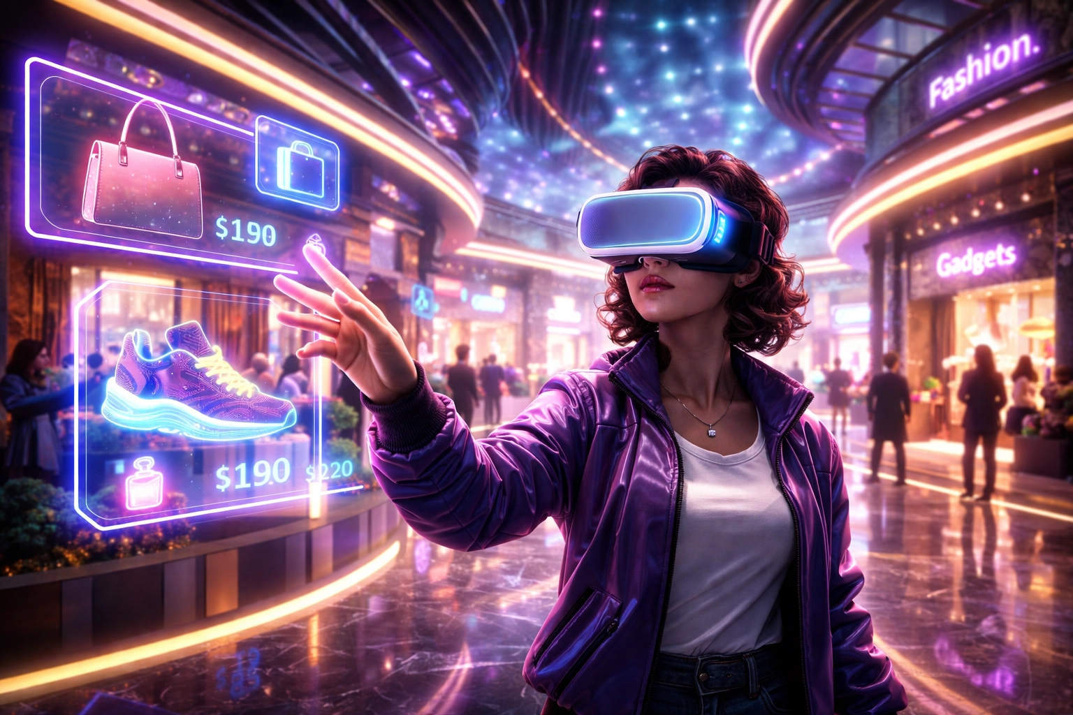 Person using a VR headset to shop in a virtual mall, showcasing immersive social shopping in the metaverse