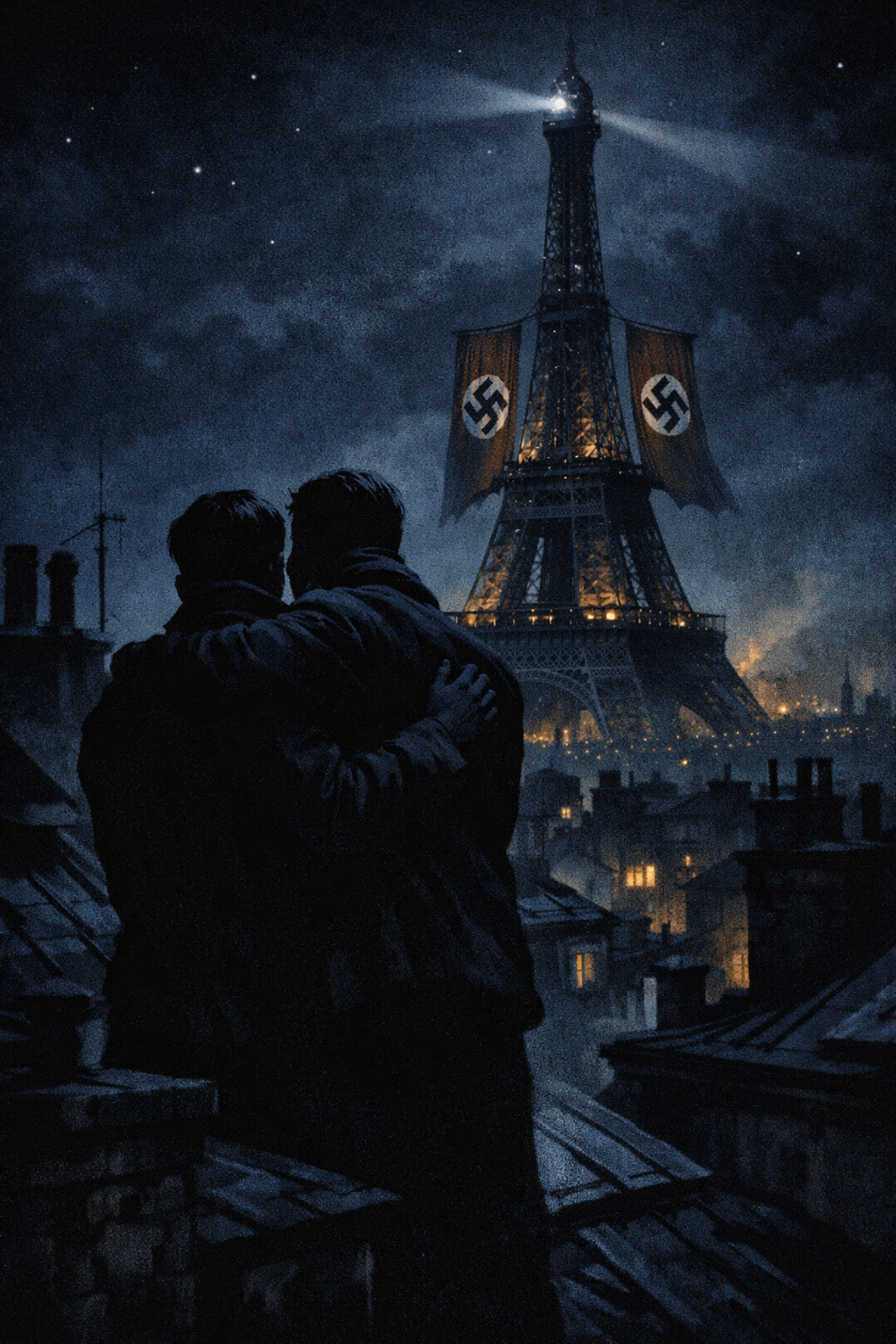 Gay couple embracing on Paris rooftop with occupied Eiffel Tower during WWII resistance