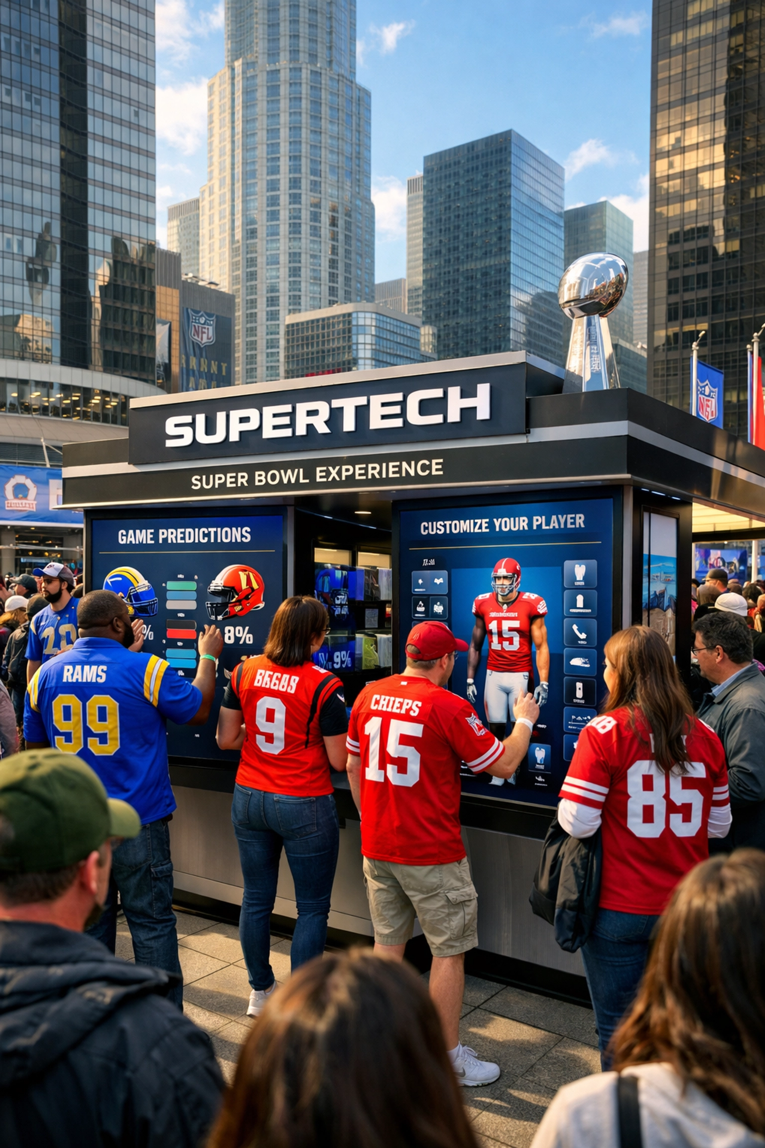 Interactive brand activation booth during Super Bowl weekend with engaged attendees