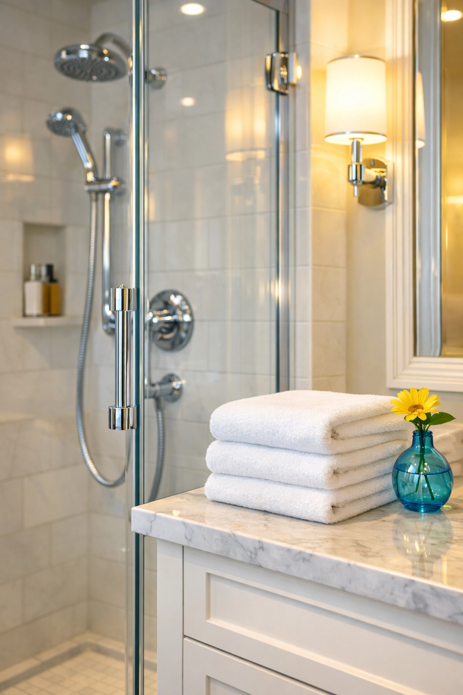 A spotless luxury apartment bathroom in Mansfield with gleaming chrome fixtures and professional sanitization.