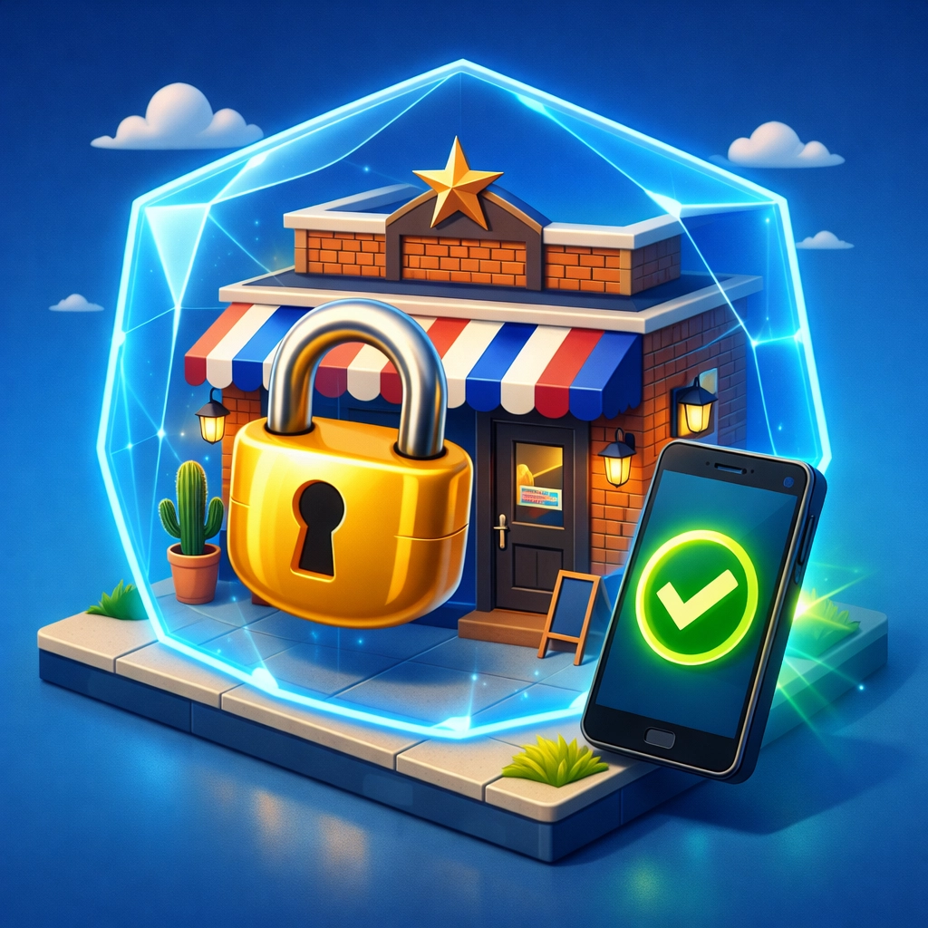 Illustration of a secure Texas storefront with digital multi-factor authentication protection for small business cyber insurance.