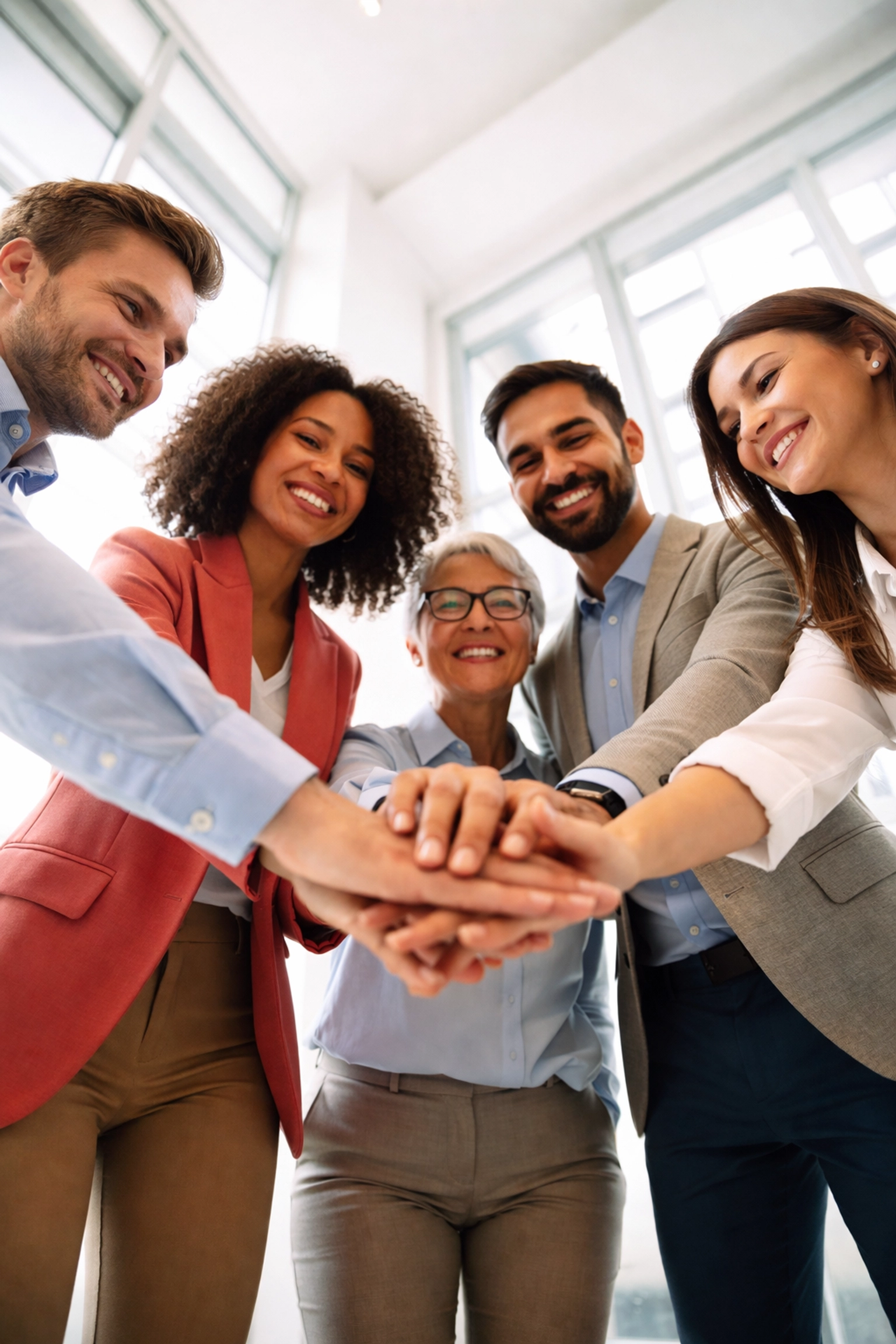 Diverse business team uniting with hands in the center, representing trust and collaboration through radical empathy.