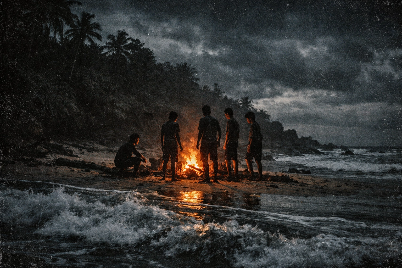 Boys stranded on a remote island at dusk in the BBC Lord of the Flies adaptation