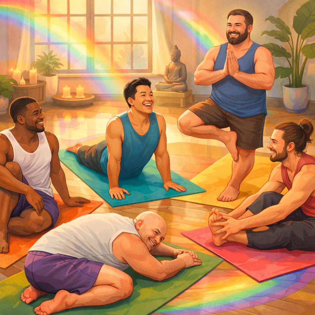 Diverse LGBTQ+ men in group yoga class building community and connection