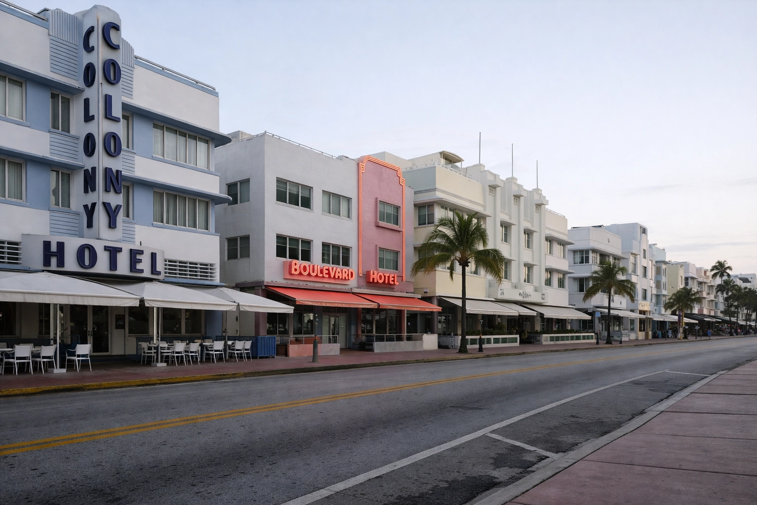 Symmetric Art Deco hotel facades on Ocean Drive, an iconic Miami photography location in the morning light.