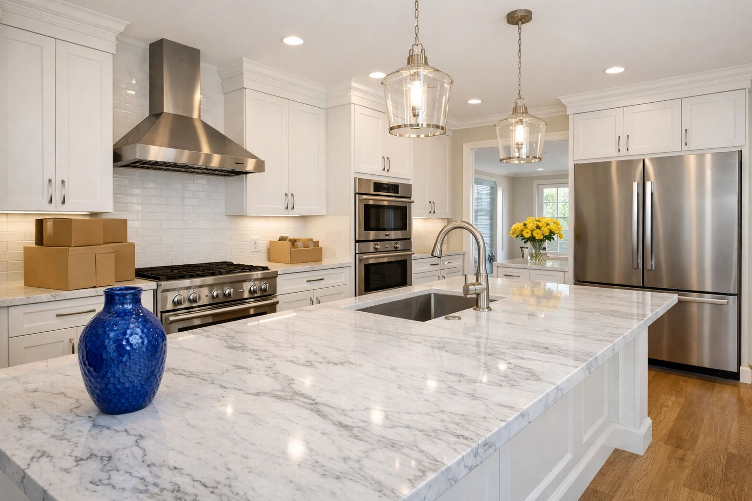 Move-in cleaning Dunstable MA service results in a spotless kitchen with gleaming marble countertops.