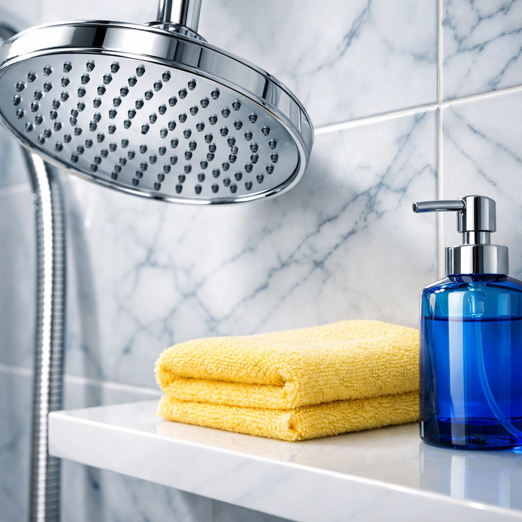Deep house cleaning Cambridge MA results in a spotless marble bathroom with polished chrome fixtures.