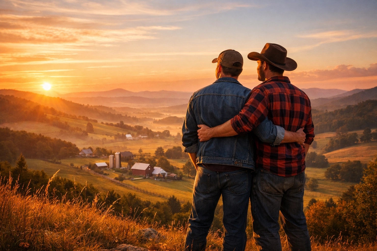 Gay couple overlooking a rural valley at sunset, representing the heart of gay romance and rural resilience.