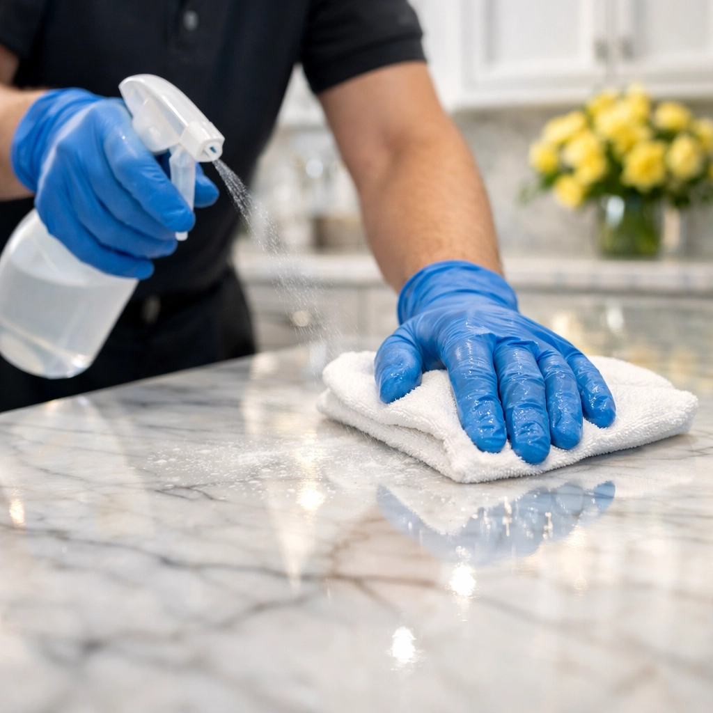 Professional cleaning service expert detailing a marble countertop for high-quality house cleaning Pepperell MA.