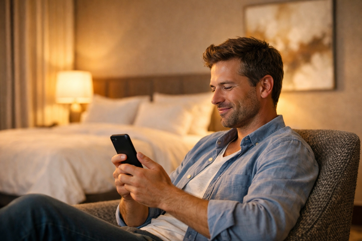 Guest enjoying a luxury hotel suite while using a mobile guest experience app for seamless service.