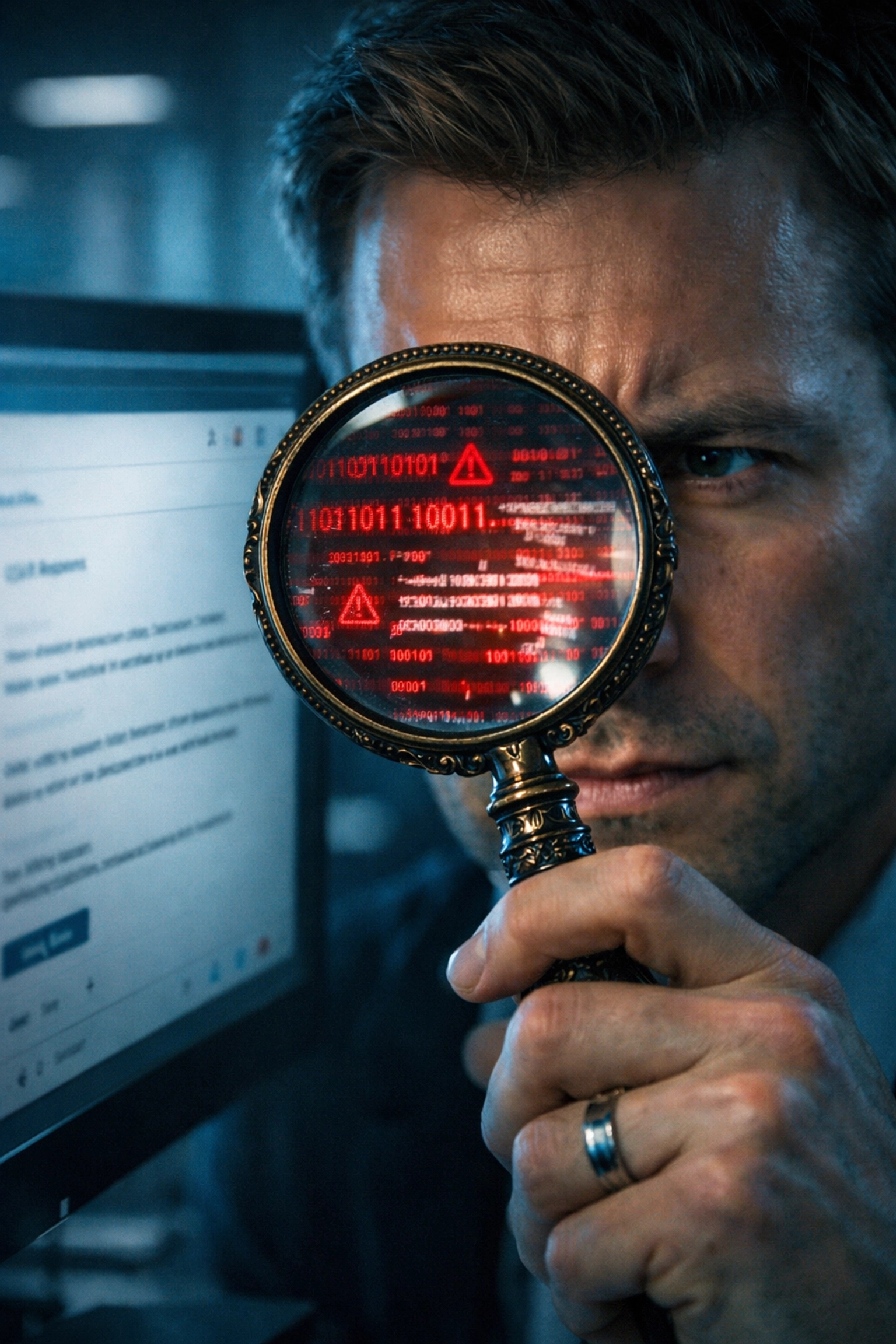 Office worker inspecting a suspicious email to avoid common cyber security mistakes and phishing.