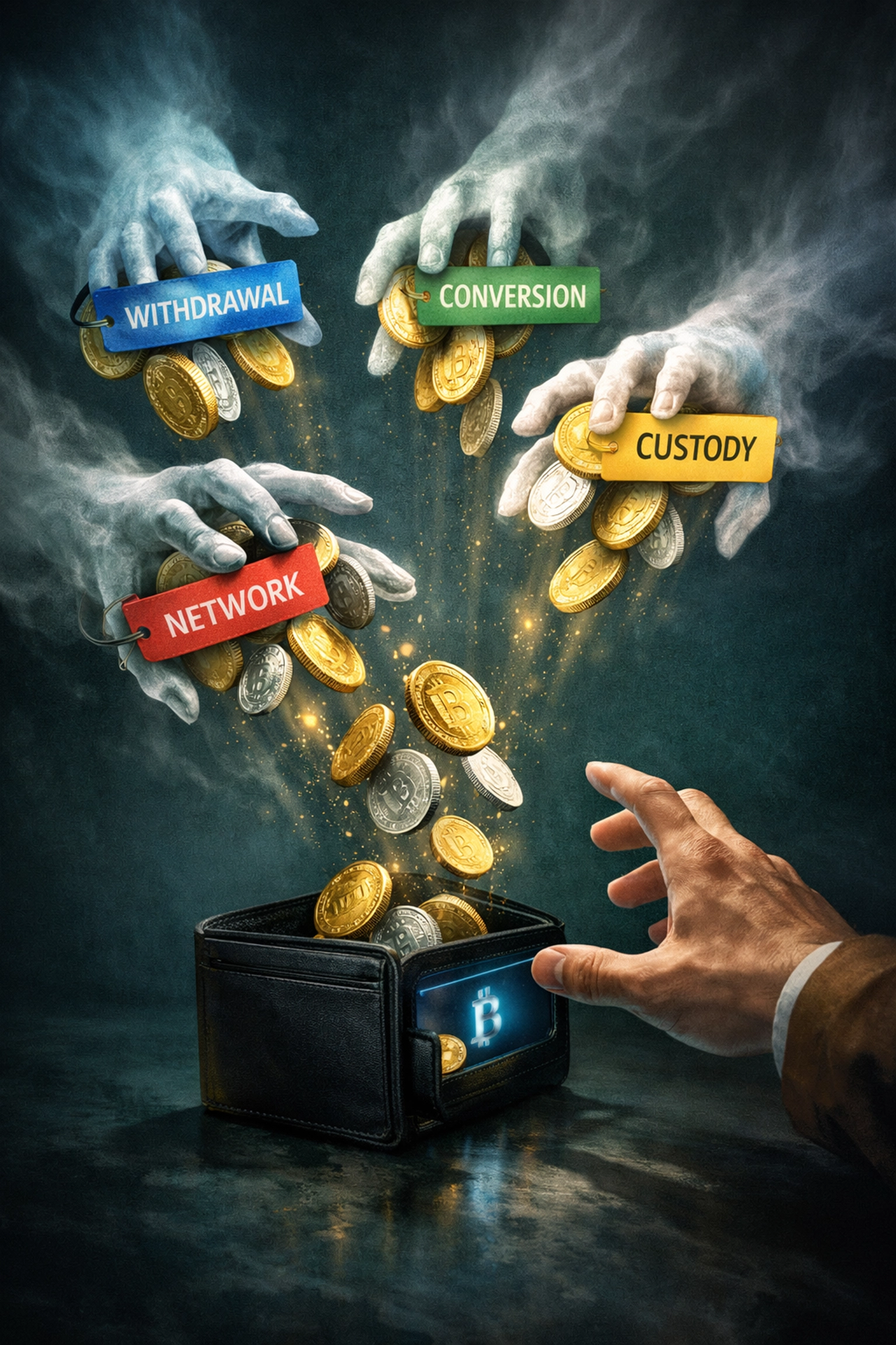 Multiple hidden crypto fees intercepting merchant payments including withdrawal, conversion, and custody charges