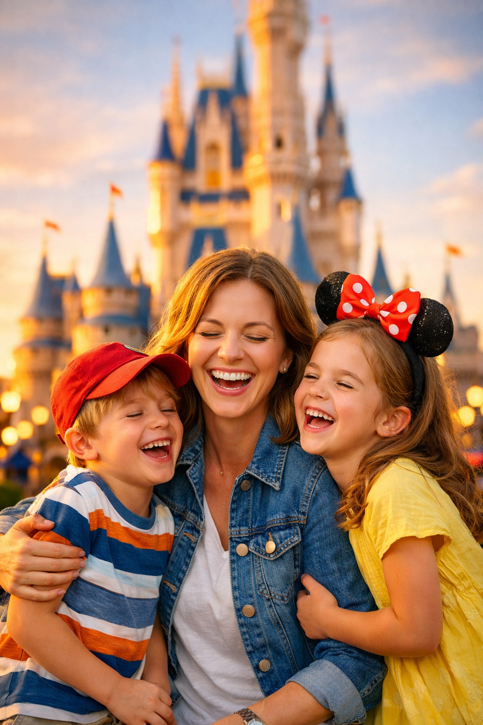 Happy mom and children enjoying a dream Disney vacation made possible by extra income