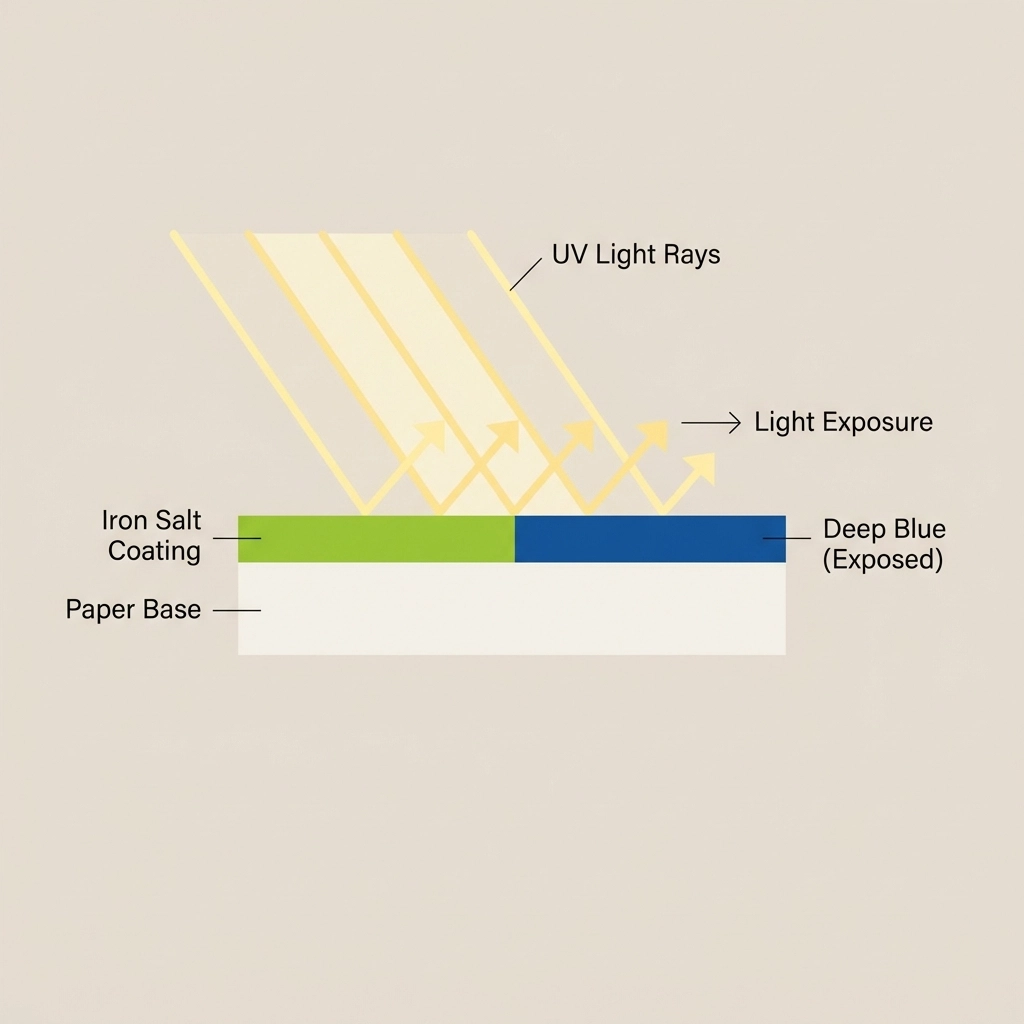 Illustration showing cyanotype chemistry process with sunlight turning treated paper blue for botanical prints