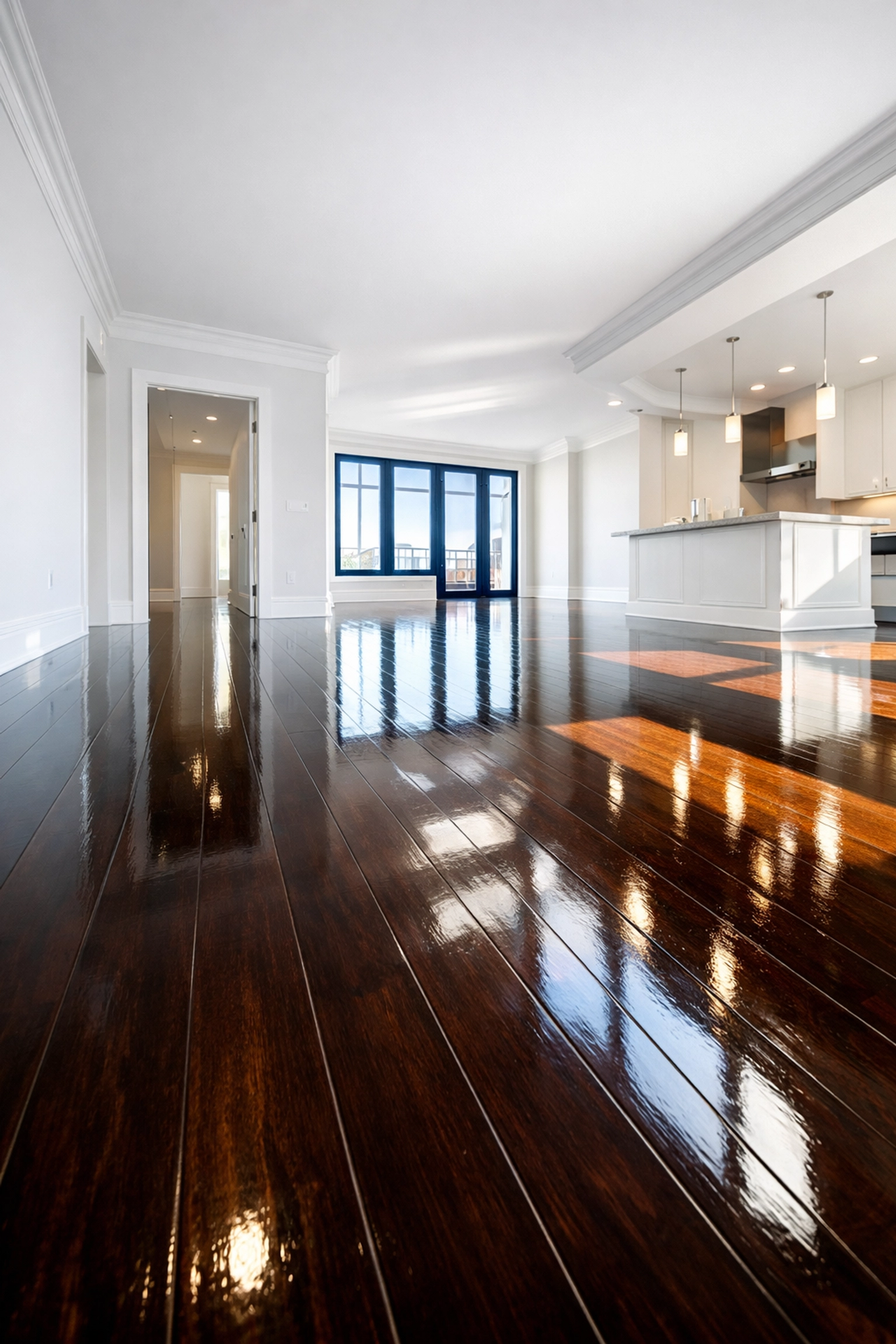 Gleaming hardwood floors in a Worcester home after a green move-in cleaning service.