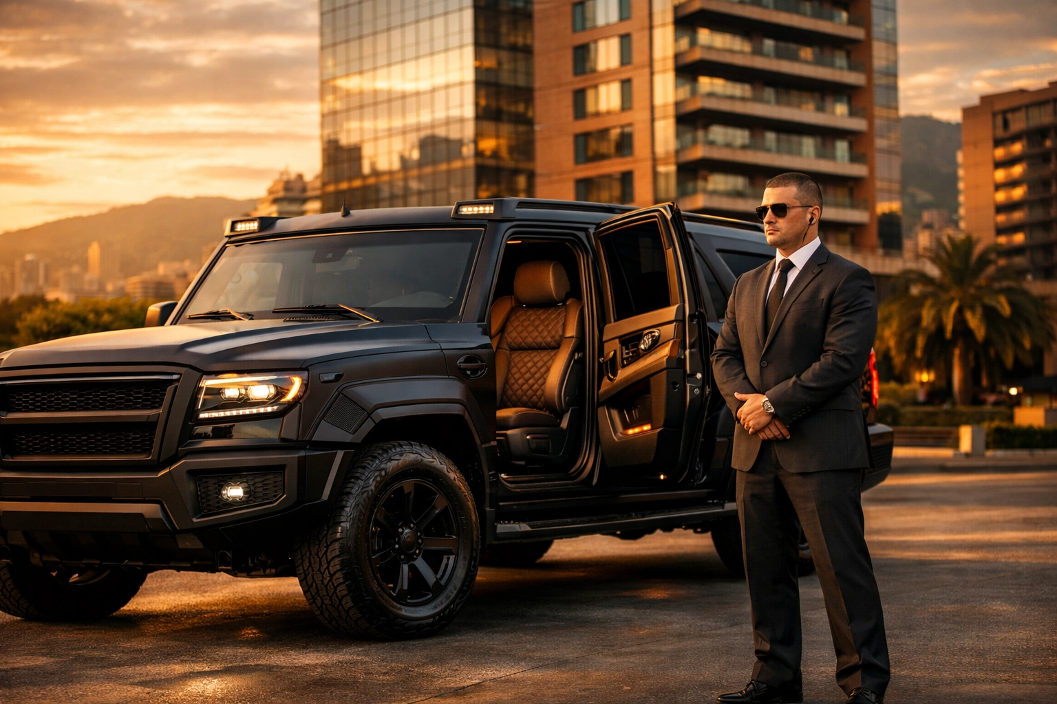 Luxury armored SUV with professional security driver providing VIP protection in Medellin