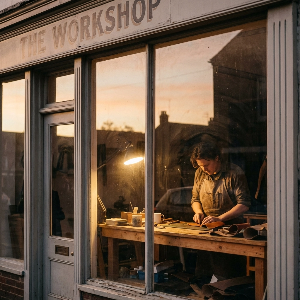 Small business owner working early morning in shop, symbolizing dedication and business growth mindset