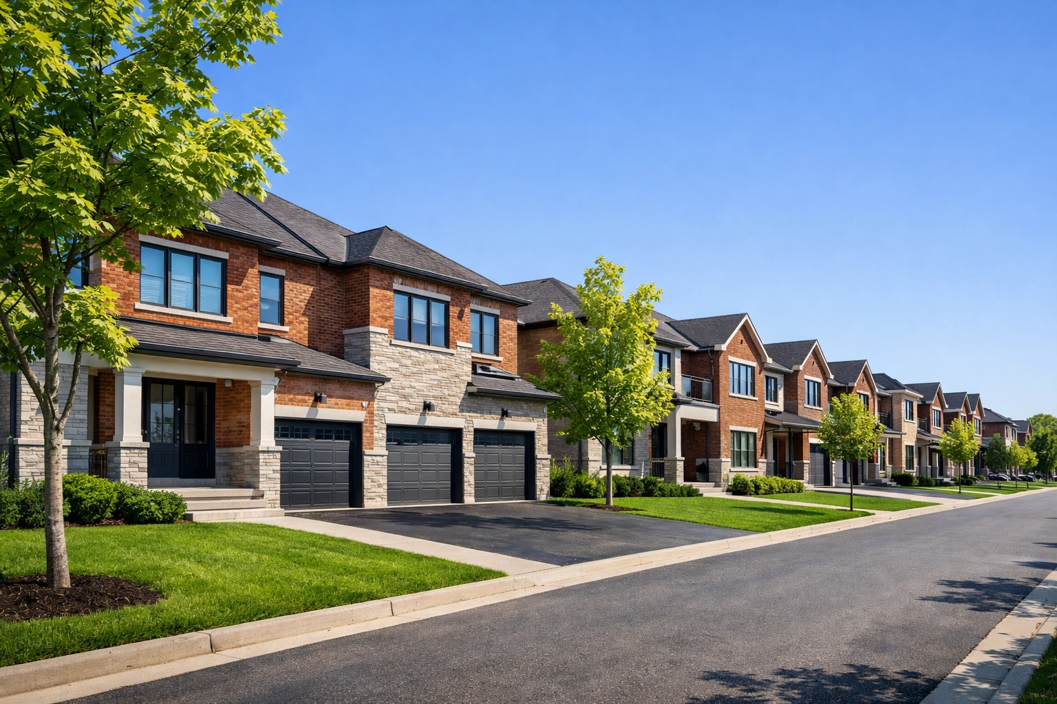 Modern red brick townhomes on a quiet residential street in the Vaughan real estate market.