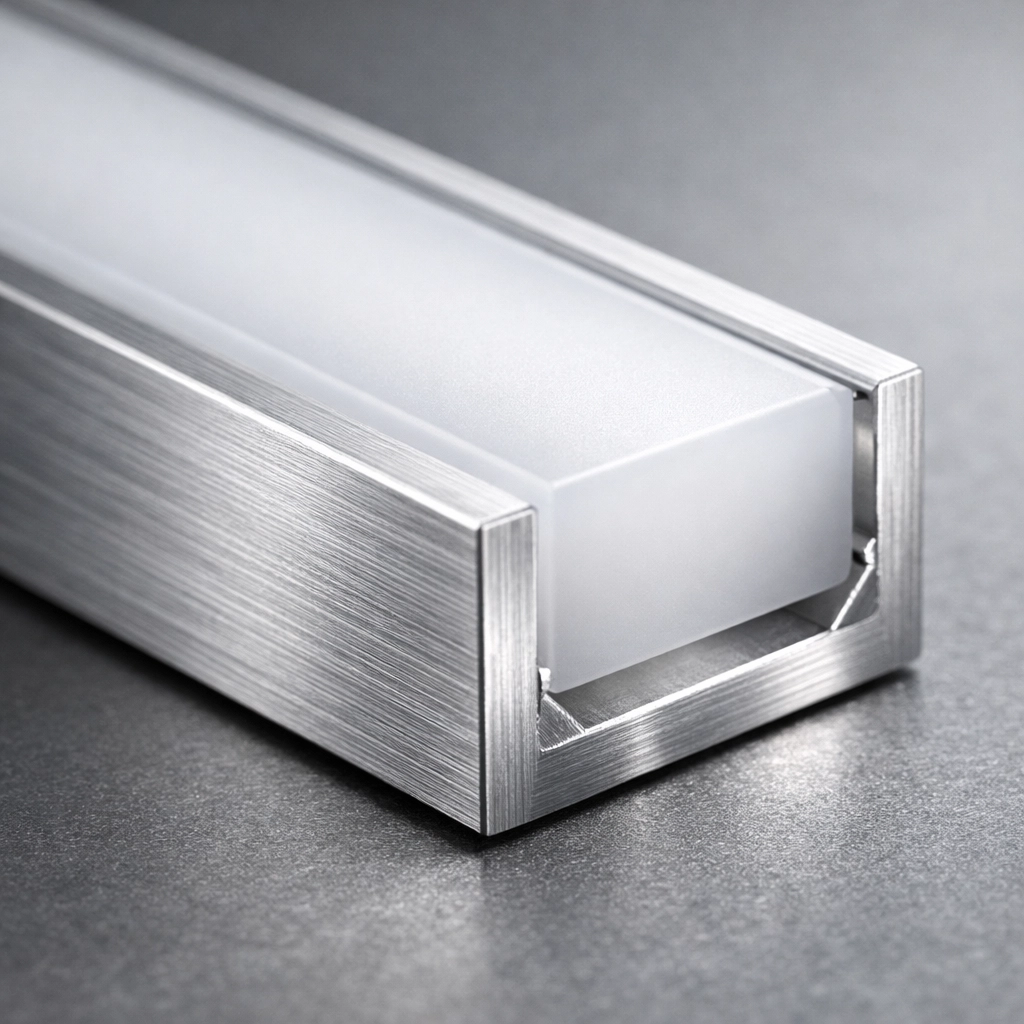 Detailed view of high-quality aluminum LED linear extrusion for bespoke cabinet lighting.