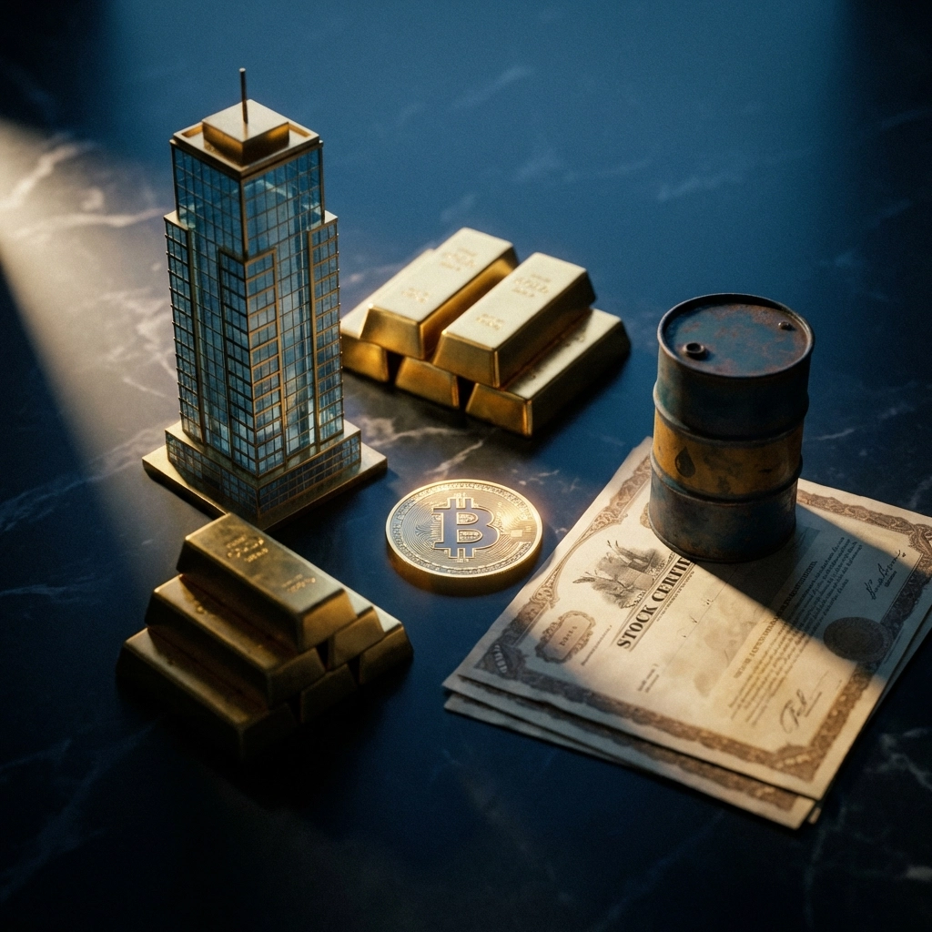 A variety of institutional alternative investment symbols including real estate, gold, Bitcoin, and oil, illustrating asset diversification.