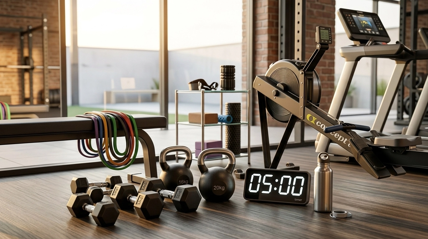 A practical training setup with dumbbells, kettlebells, resistance bands, and cardio equipment details in a modern gym environment.