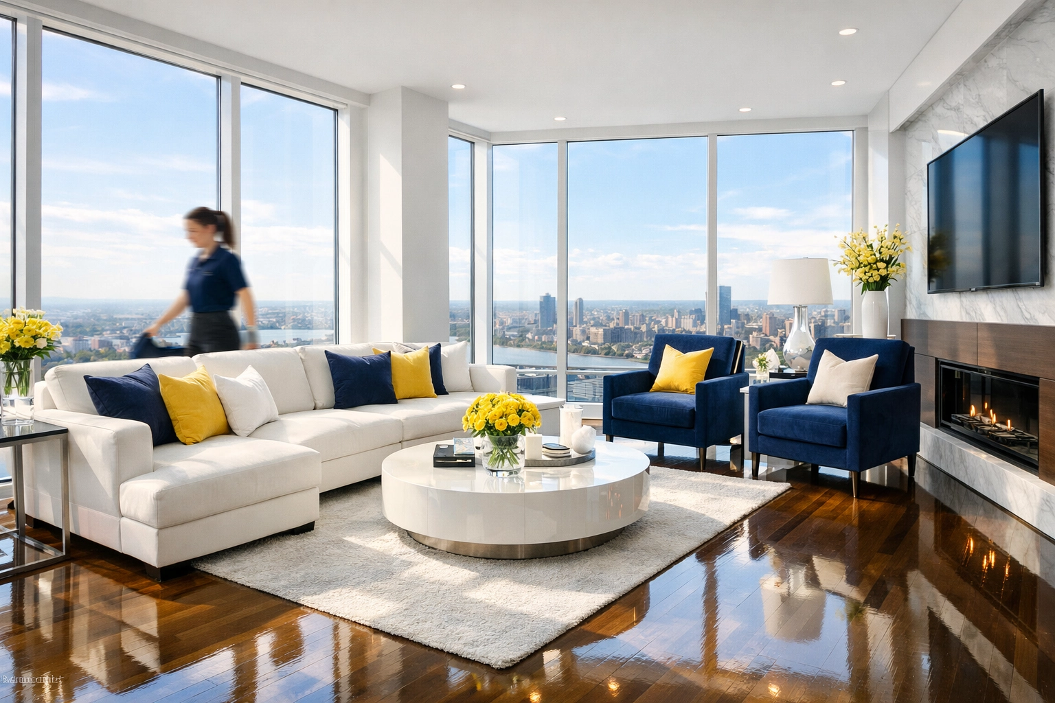 Professional white label cleaning services maintaining a luxury living room in a Massachusetts high-rise.