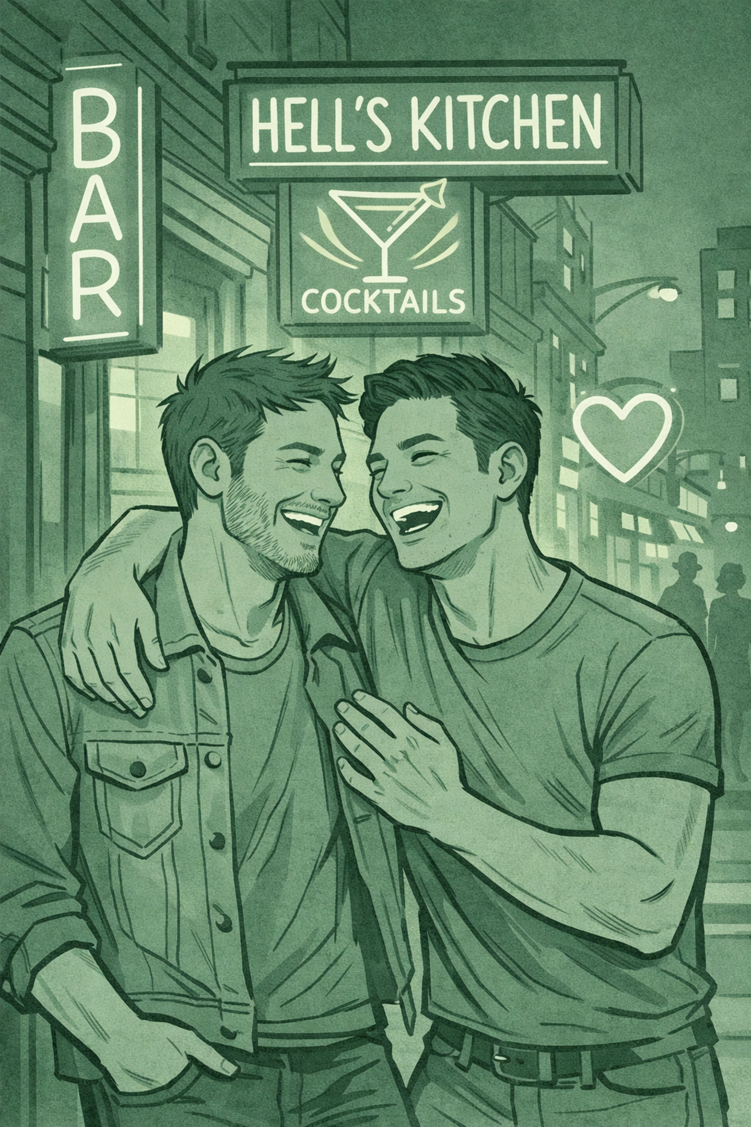 Gay men laughing outside Hell's Kitchen bar representing NYC's current LGBTQ+ nightlife hub