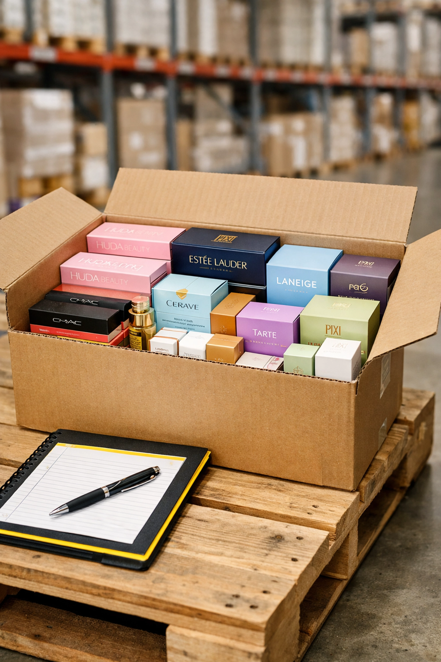 Organized wholesale beauty shipment boxes in a professional B2B warehouse inventory check.