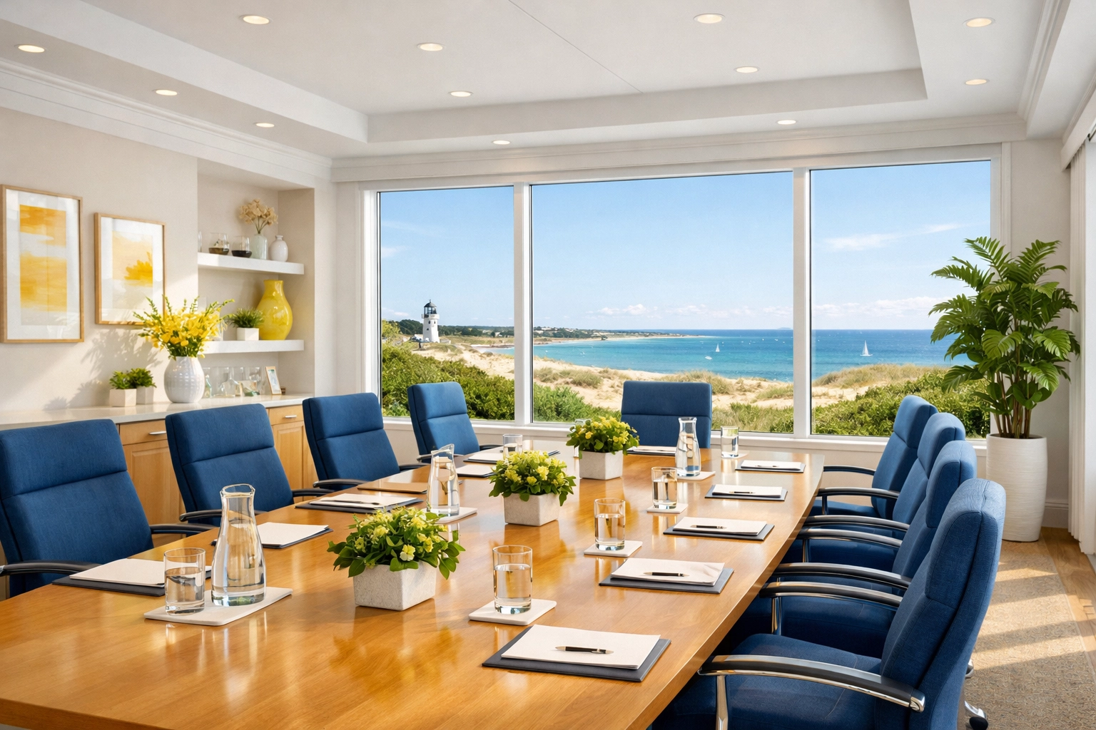 Eco-friendly janitorial services in Barnstable keeping a sunlit executive boardroom fresh and clean.