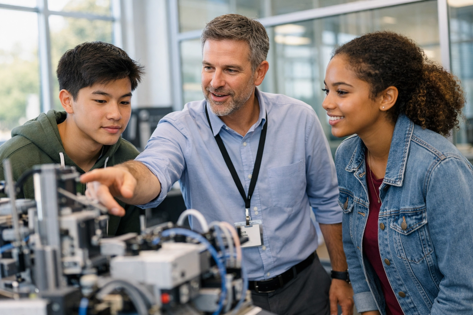 Diverse learners and an industry mentor collaborating on STEM projects for K-16 career pathway success.