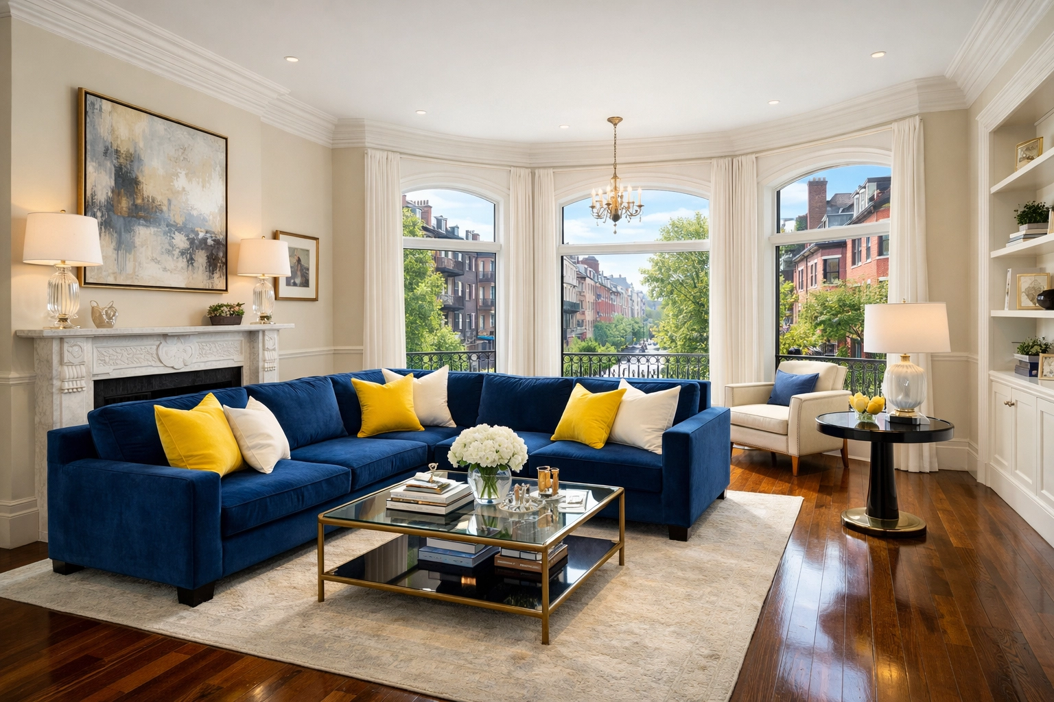 Impeccably clean living room in a Boston brownstone showing high-quality house cleaning services MA.