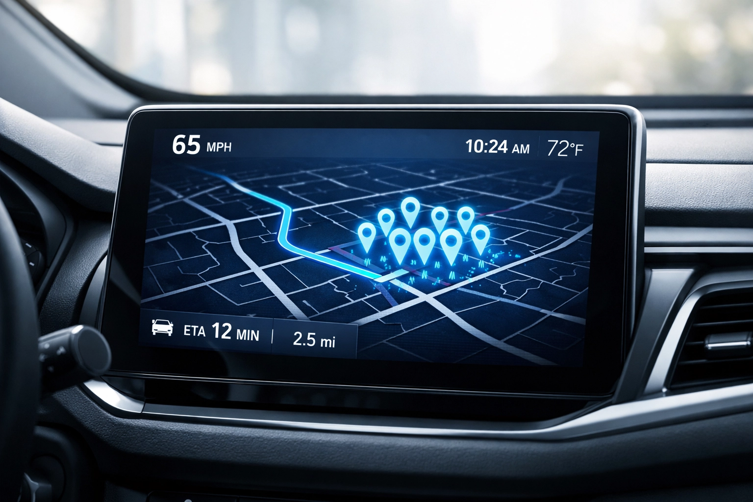 GPS map on a dashboard showing tightly clustered stops to increase value when you sell my pool route.
