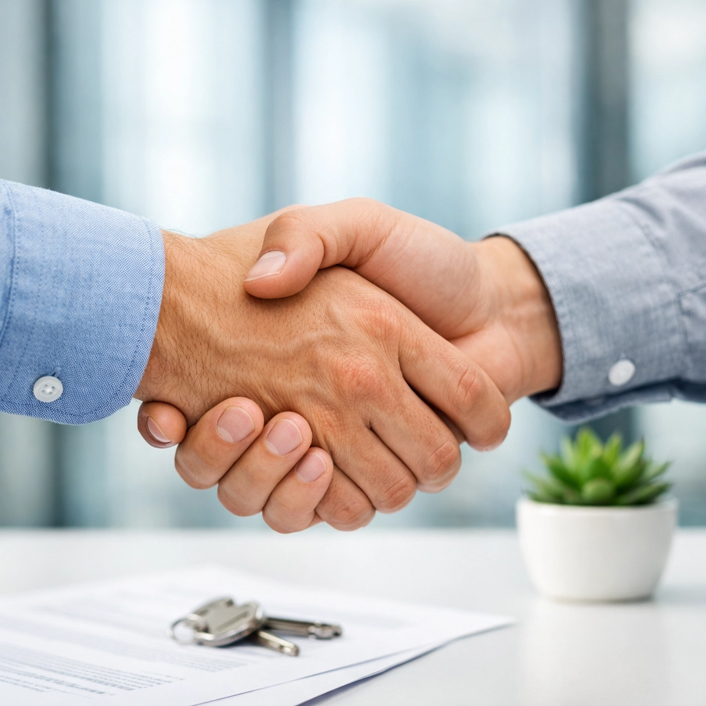 Business handshake in a modern office symbolizing a successful real estate lending agreement and partnership.