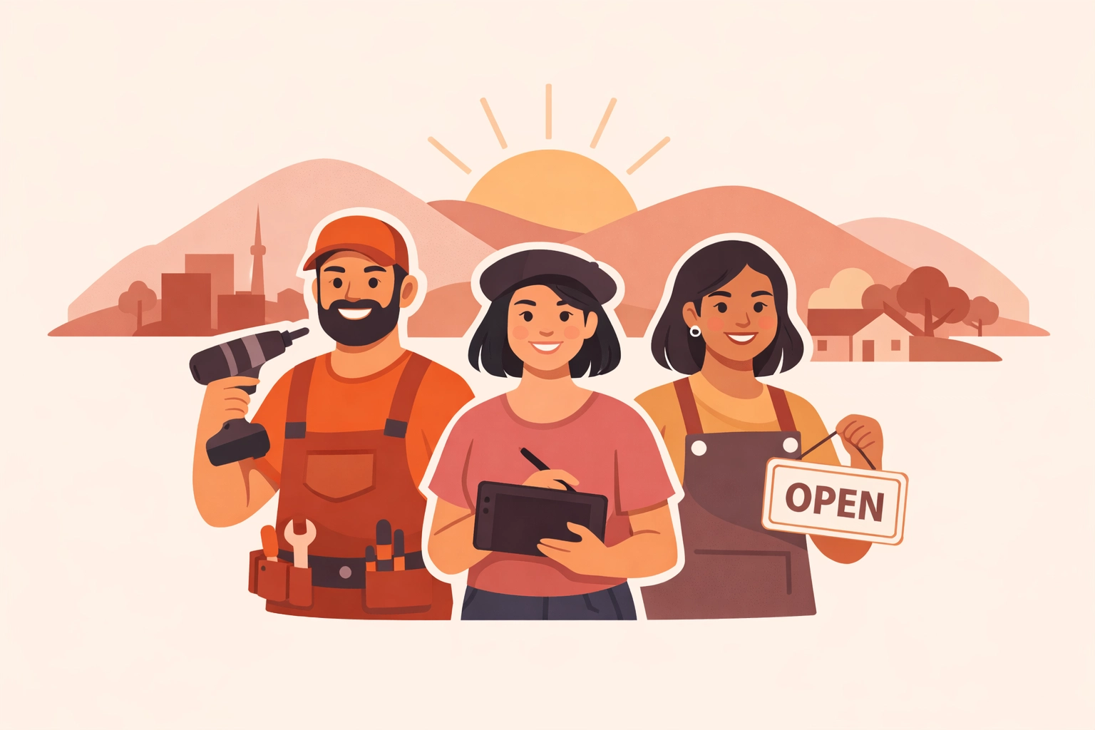 Local business owners standing together against a city backdrop, featured in the Adelaide business directory.