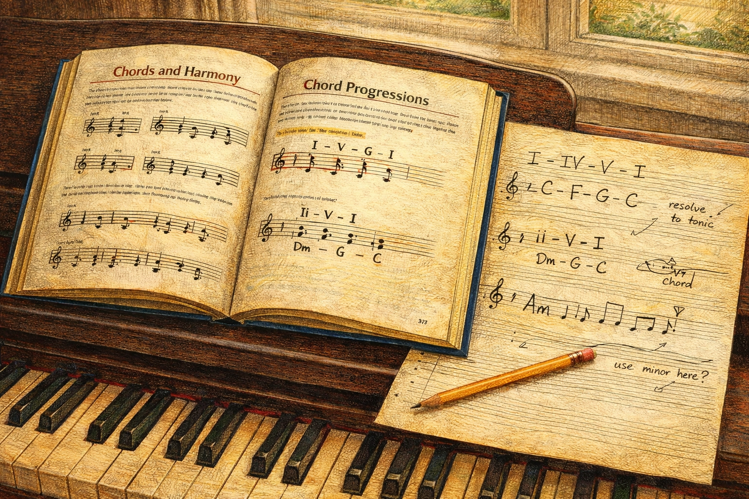 Music theory textbook and handwritten notes on piano keys during lesson