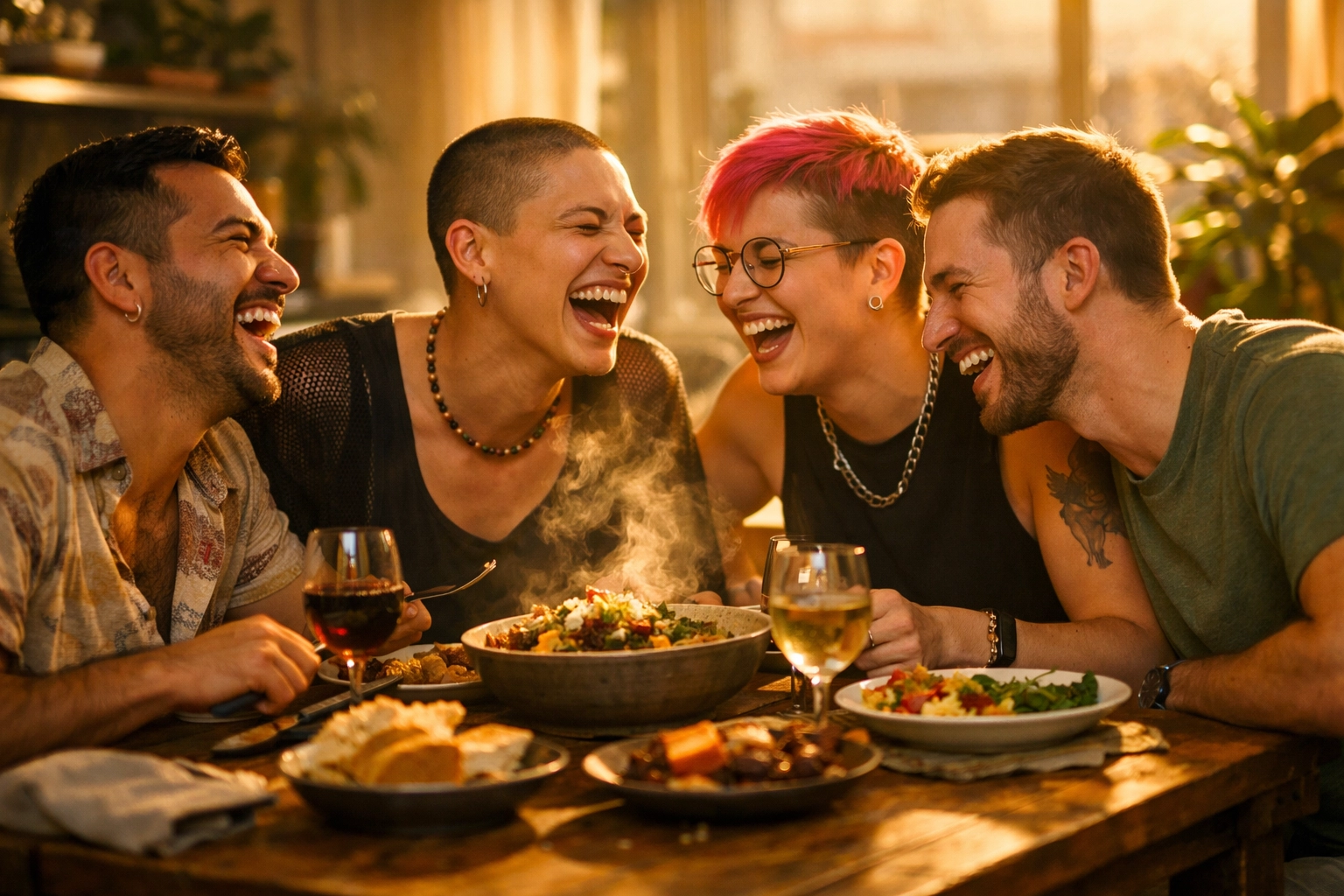 A diverse group of LGBTQ+ friends sharing a meal and laughing, celebrating found family.