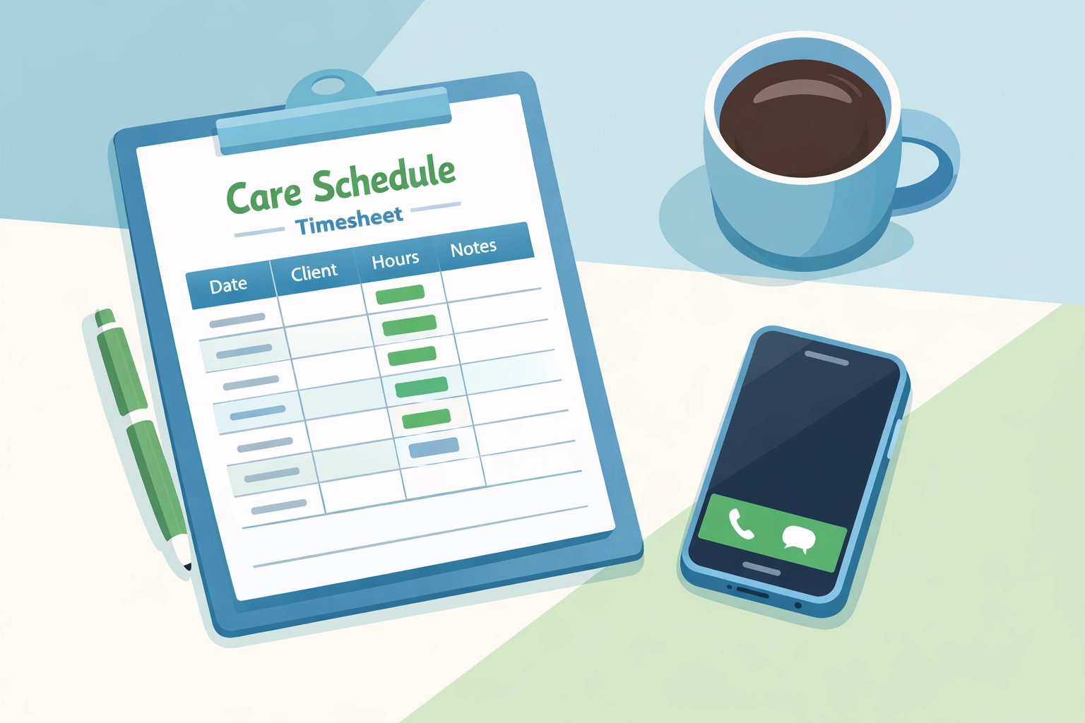 Caregiver timesheet and schedule for tracking home health care services hours