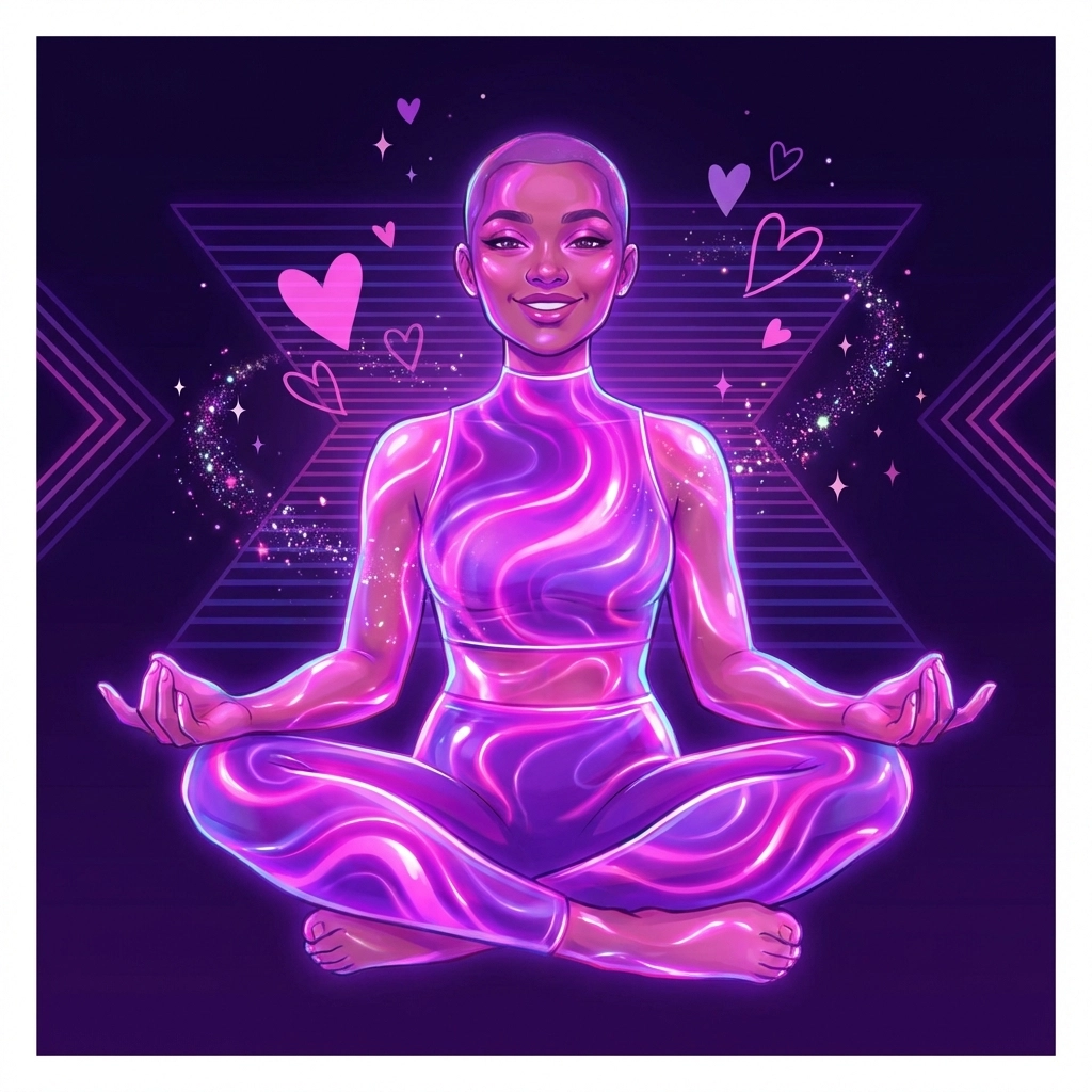 Person meditating in a glowing neon aura, symbolizing self-love and confidence in BDSM self-exploration.