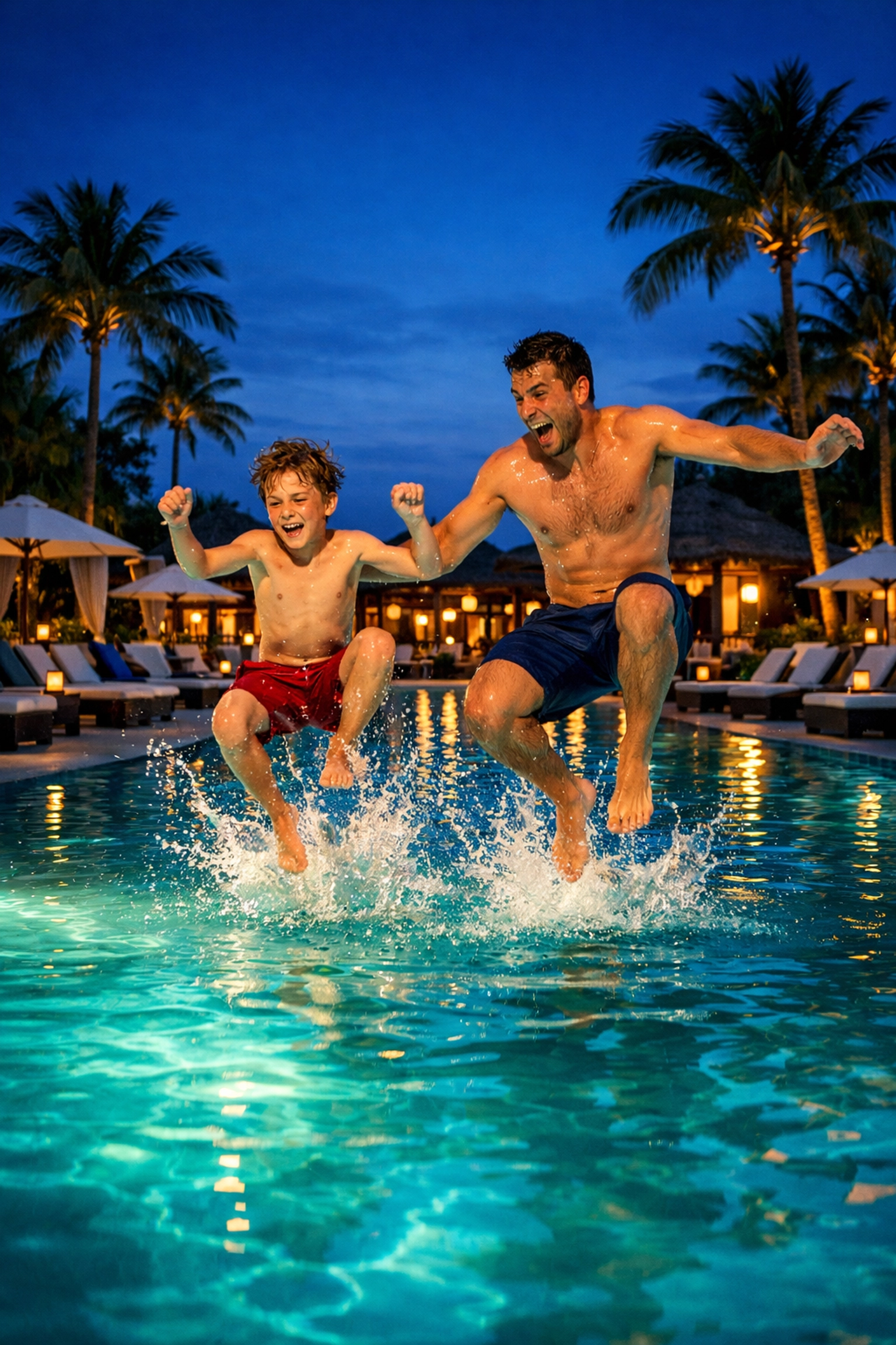 Top 10 Funnest Family Travel Activities (That Parents Actually Love Too) 4 Father and son splashing into a luxury resort pool, capturing joyful moments during a family staycation.
