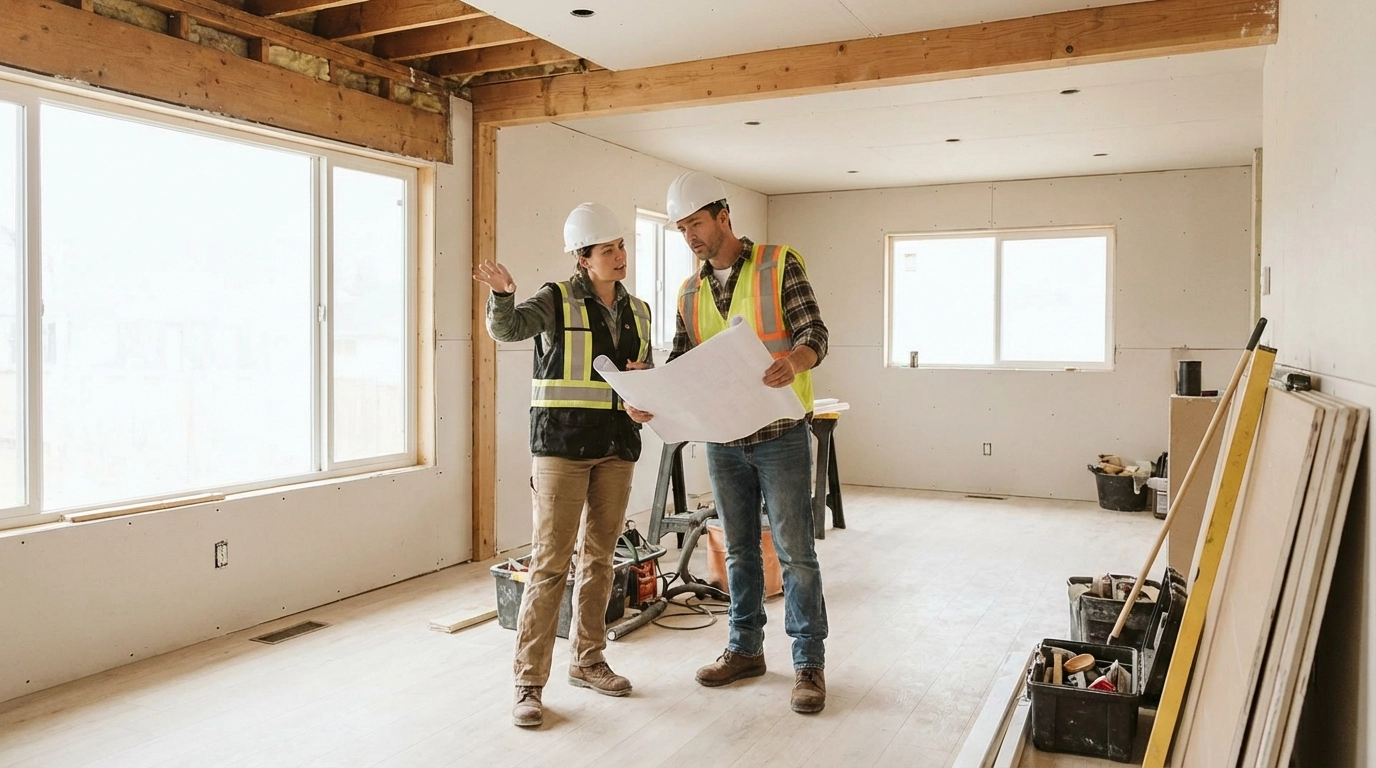 Team members inspect property under renovation