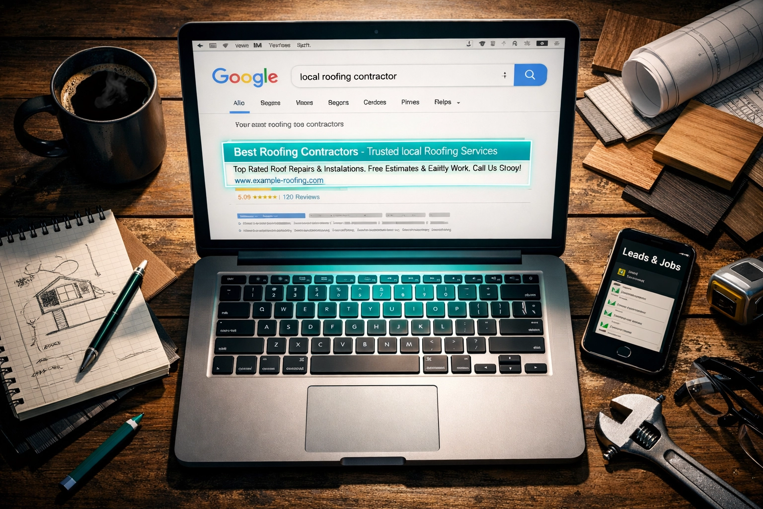 Contractor website ranking at top of Google search results showing SEO success