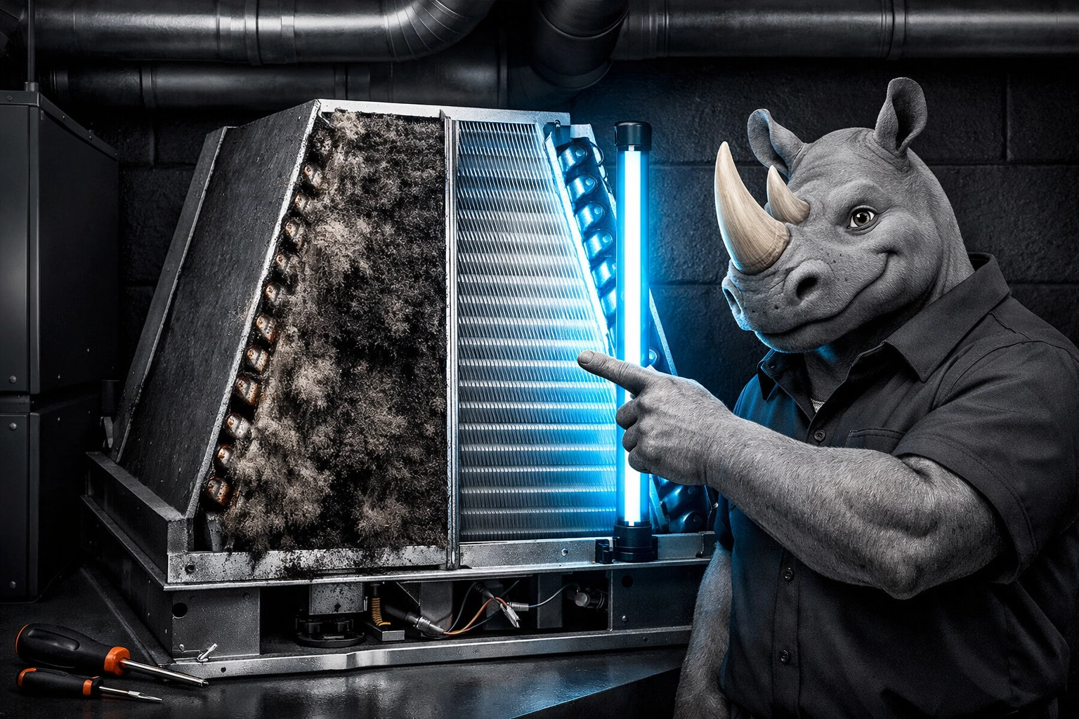 Ramblin' Rhyno mascot comparing a moldy HVAC evaporator coil to a clean coil sanitized by blue UV light.