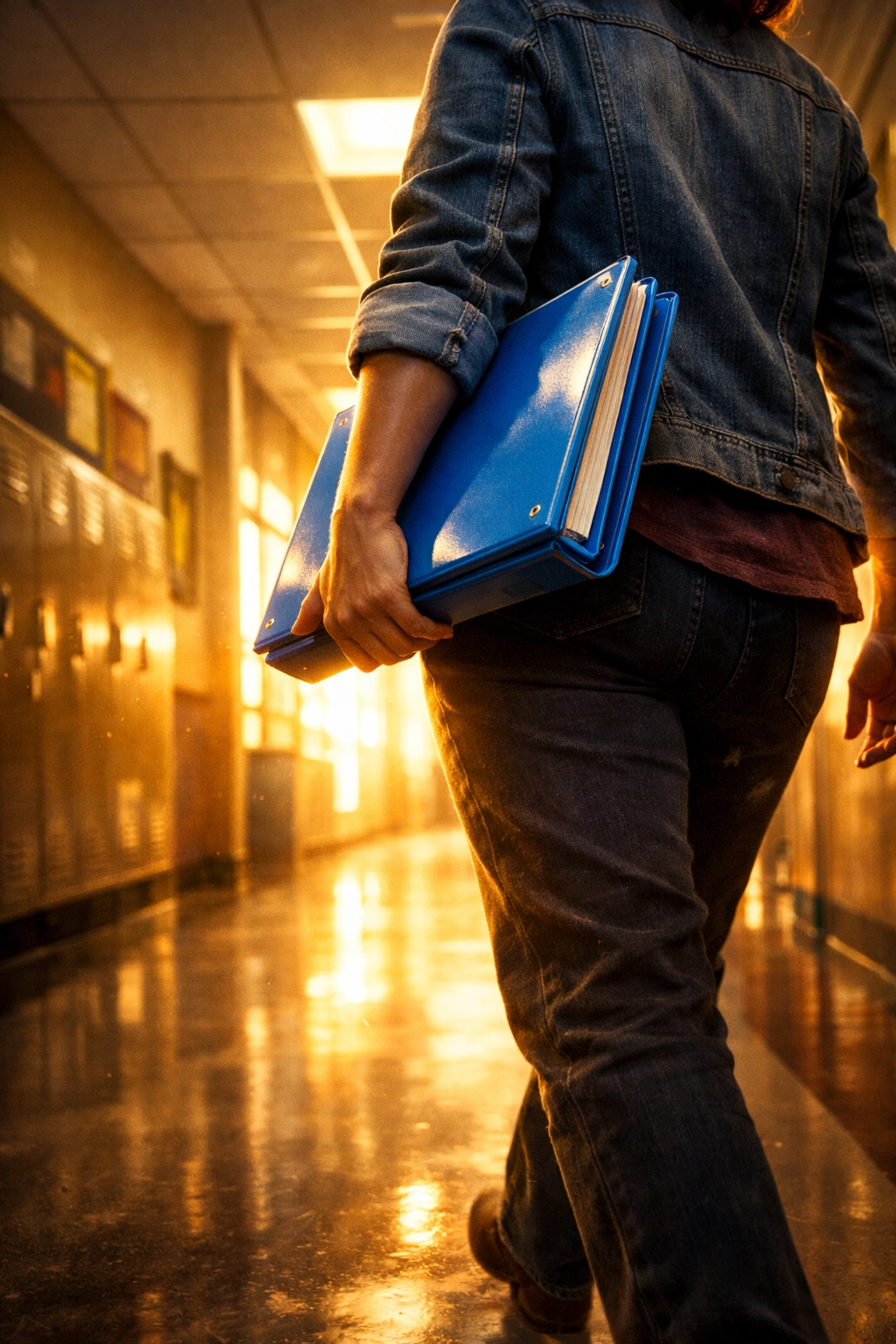 A determined parent carrying an organized binder for an IEP meeting in a school hallway.