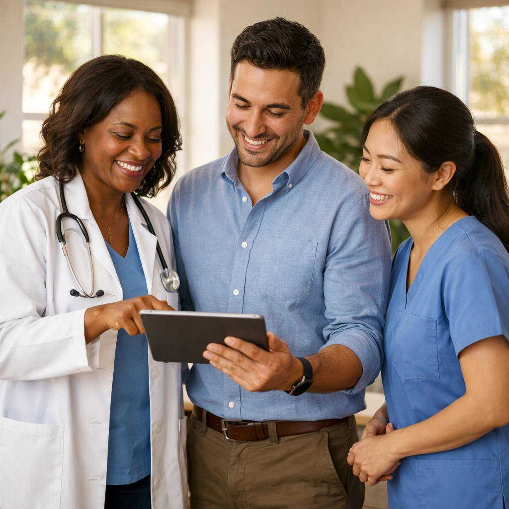 Integrated care team of diverse healthcare professionals collaborating in modern medical office