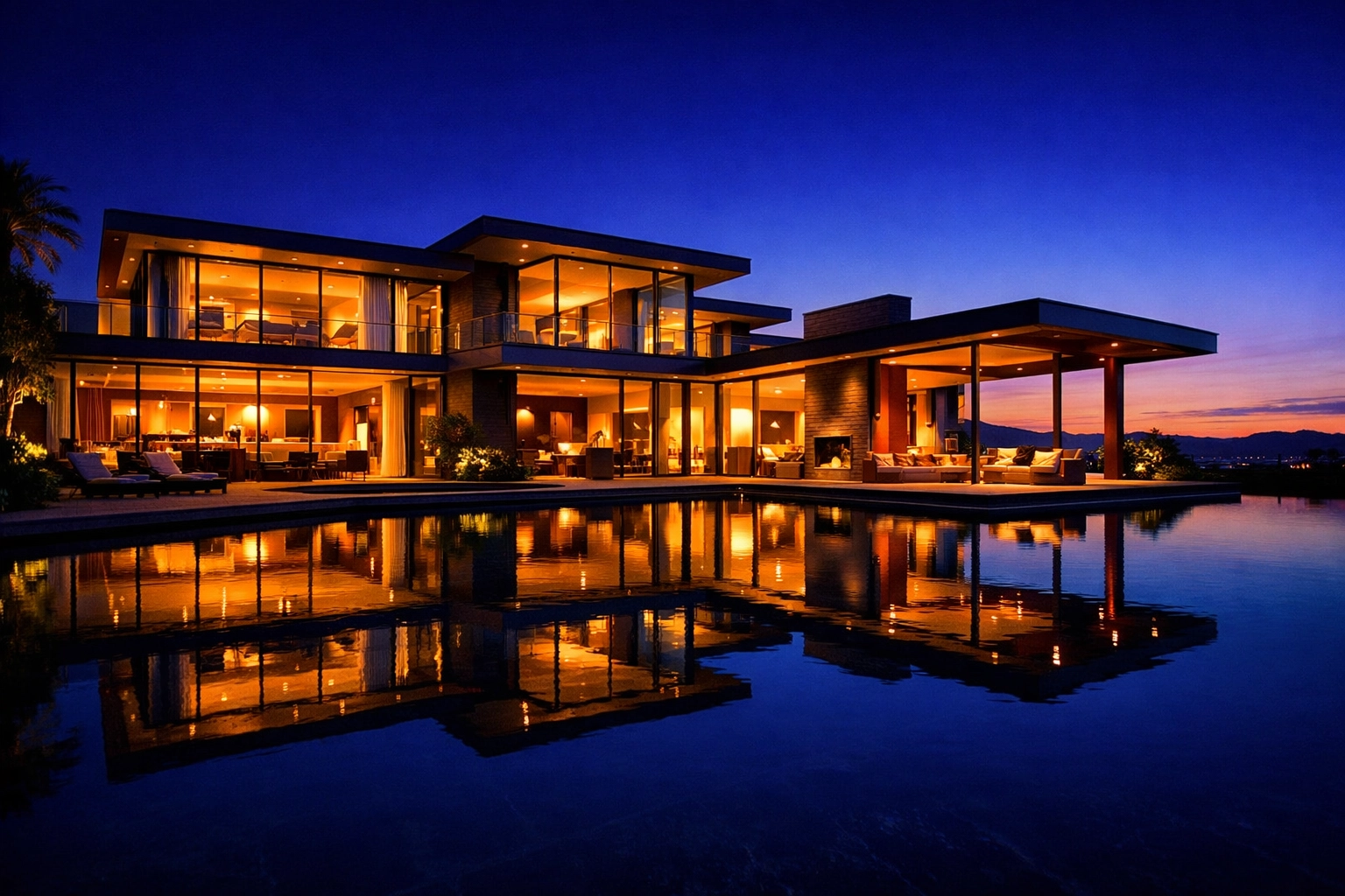A modern luxury home at dusk representing a successful career as a licensed real estate agent.
